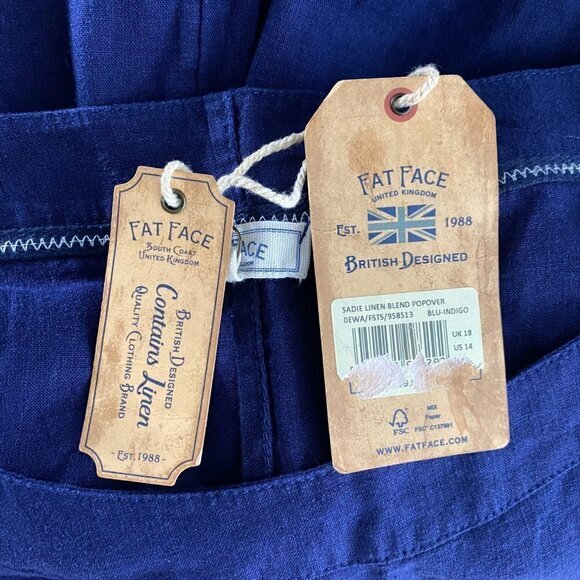 Fat Face Sadie Linen Blend Popover Top Women's Size 14 Navy Blue NWT‎ TP-2207 - Picture 8 of 13